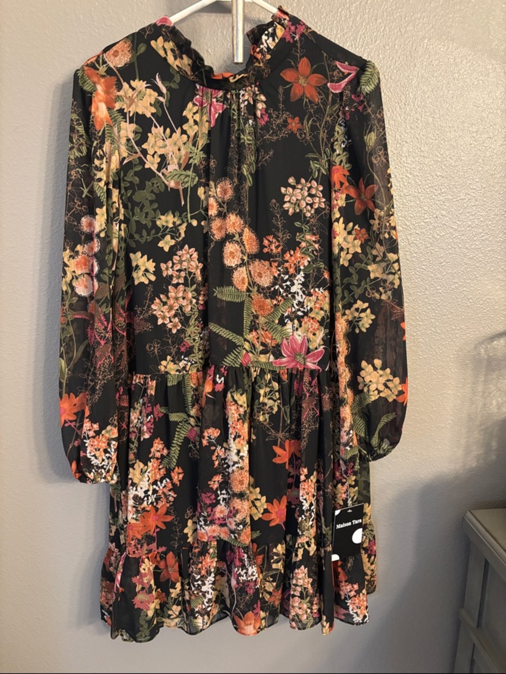 Maison Tara Black Floral Long-Sleeve Tiered Dress